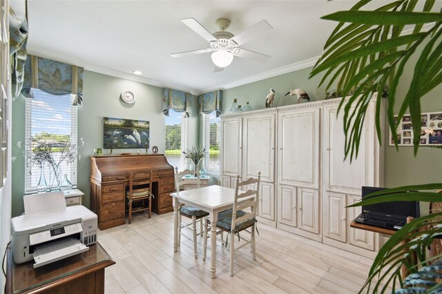 201 Largo Dr, Kissimmee, FL 34759 - dining area featuring ornamental molding, a ceiling fan, light wood-type flooring, and an office area