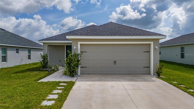 1719 Daystar Dr, Haines City, FL 33844 - ranch-style house featuring concrete driveway, stucco siding, an attached garage, a front yard, and a shingled roof