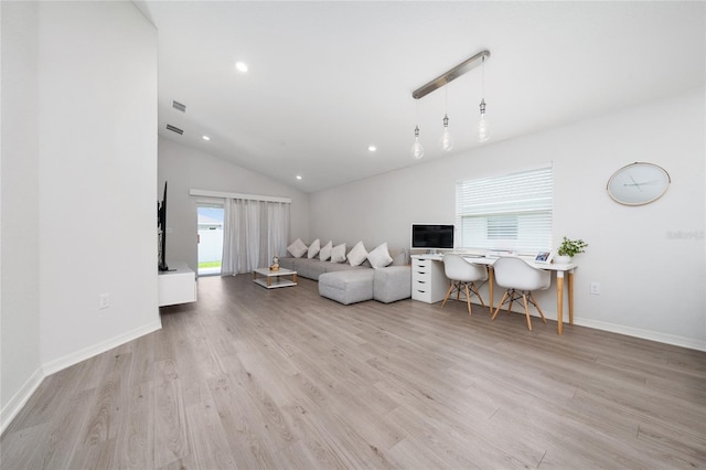 1719 Daystar Dr, Haines City, FL 33844 - living room featuring vaulted ceiling, light wood-type flooring, recessed lighting, and an office area