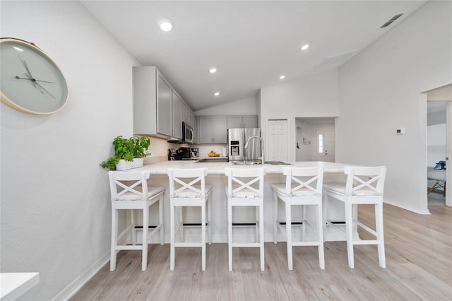 1719 Daystar Dr, Haines City, FL 33844 - kitchen featuring gray cabinetry, appliances with stainless steel finishes, light wood finished floors, lofted ceiling, and light countertops