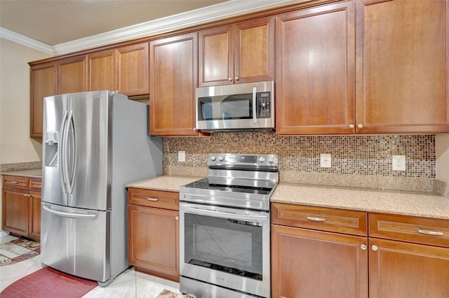 6932 Gray Catbird Loop, Wesley Chapel, FL 33545 - kitchen featuring stainless steel appliances, ornamental molding, brown cabinets, decorative backsplash, and light stone countertops