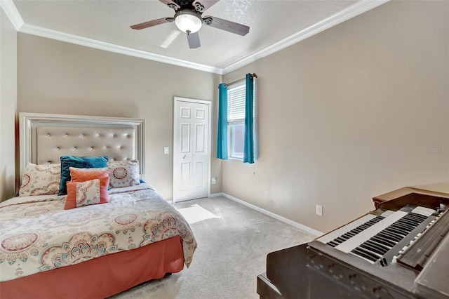 6932 Gray Catbird Loop, Wesley Chapel, FL 33545 - bedroom featuring crown molding, carpet flooring, and ceiling fan