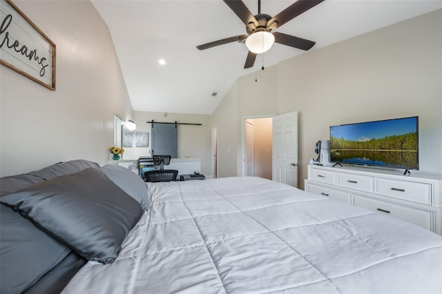 1631 Woodbay Ct, Kissimmee, FL 34744 - bedroom with a barn door, high vaulted ceiling, a ceiling fan, and recessed lighting