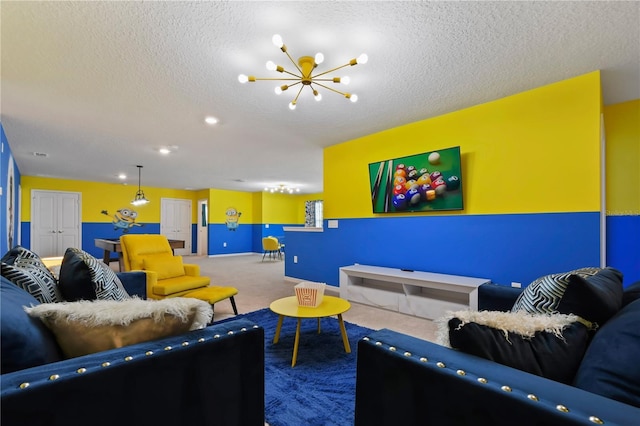 2176 Lelani Cir, Davenport, FL 33897 - living room with carpet flooring, a chandelier, and a textured ceiling