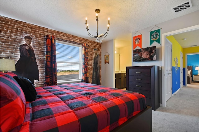 2176 Lelani Cir, Davenport, FL 33897 - bedroom with light carpet, a chandelier, brick wall, a textured ceiling, and ensuite bathroom