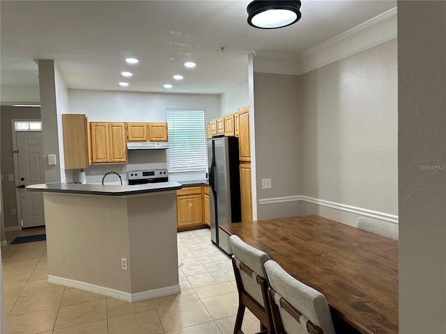 3301 Soho St Unit 104, Orlando, FL 32835 - kitchen featuring freestanding refrigerator, under cabinet range hood, stove, a peninsula, and light tile patterned flooring