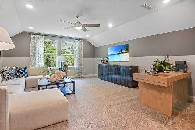 222 Thornberry Way, Palm Coast, FL 32164 - carpeted living room with lofted ceiling, a ceiling fan, and recessed lighting