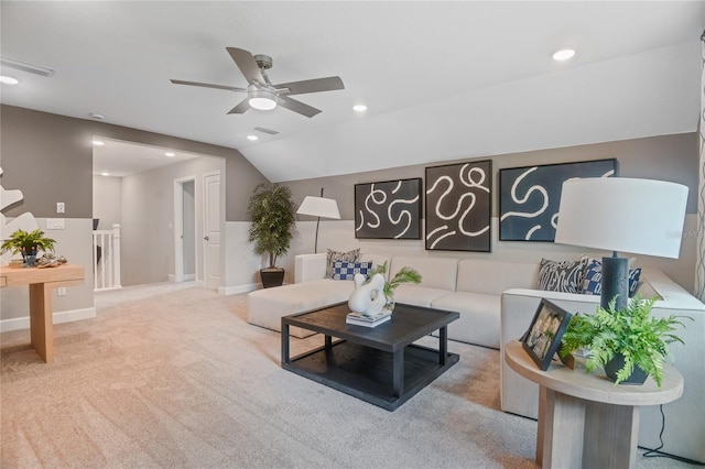 222 Thornberry Way, Palm Coast, FL 32164 - living room featuring ceiling fan, carpet floors, lofted ceiling, and recessed lighting