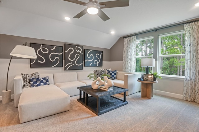 222 Thornberry Way, Palm Coast, FL 32164 - living room with ceiling fan, carpet flooring, lofted ceiling, and recessed lighting
