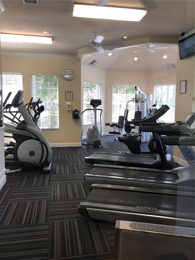 8121 Fan Palm Way, Kissimmee, FL 34747 - workout area featuring ceiling fan, baseboards, carpet, and recessed lighting