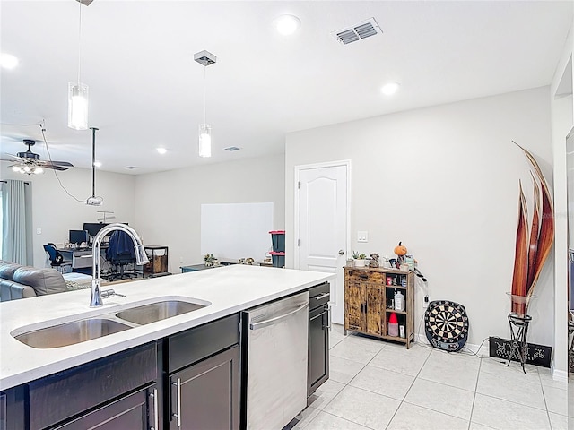 4850 Coral Castle Dr, Kissimmee, FL 34746 - kitchen featuring dishwasher, open floor plan, light tile patterned floors, pendant lighting, and light countertops