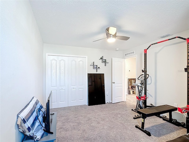 4850 Coral Castle Dr, Kissimmee, FL 34746 - workout room with ceiling fan, carpet, and a textured ceiling