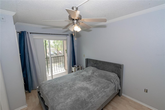 139 Oyster Bay Cir Unit 200, Altamonte Springs, FL 32701 - bedroom with access to exterior, a textured ceiling, light wood finished floors, ornamental molding, and ceiling fan