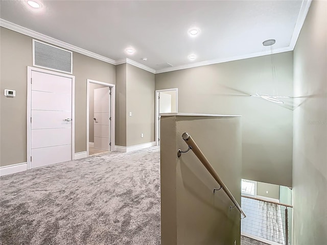 1870 Brentwood Ct, Davenport, FL 33837 - hall with an upstairs landing, ornamental molding, carpet, baseboards, and recessed lighting