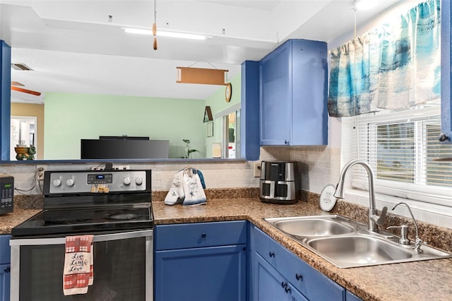 1566 Providence Blvd, Deltona, FL 32725 - kitchen with stainless steel electric range, blue cabinets, a sink, backsplash, and black microwave