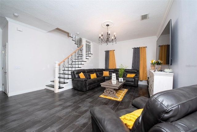 5231 Lemon Twist Ln, Windermere, FL 34786 - living area featuring a chandelier, stairs, crown molding, wood finished floors, and a textured ceiling