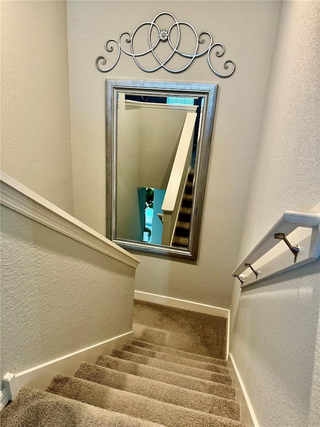 1016 Cascade Dr, Davenport, FL 33837 - staircase featuring a textured wall and carpet flooring
