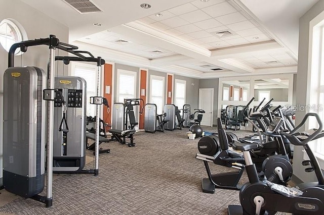 7622 Oakmoss Loop, Davenport, FL 33837 - workout area with carpet floors, coffered ceiling, and beamed ceiling