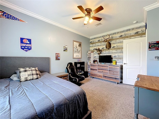15311 Johns Lake Rd, Clermont, FL 34711 - carpeted bedroom featuring crown molding, wood walls, and ceiling fan