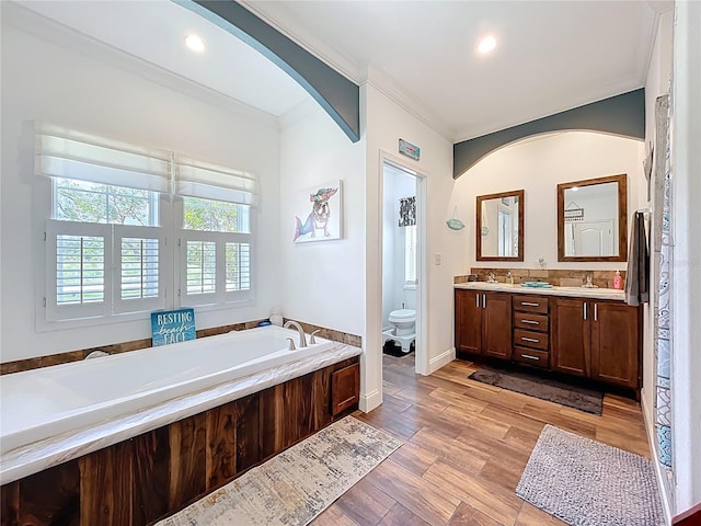 15311 Johns Lake Rd, Clermont, FL 34711 - full bathroom with a garden tub, double vanity, toilet, wood finished floors, and recessed lighting