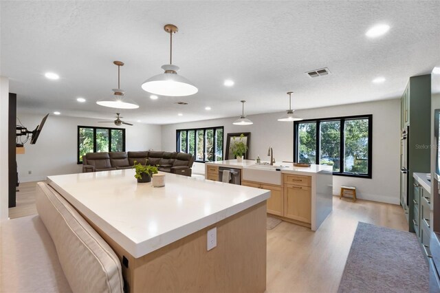 11951 Elbert St, Clermont, FL 34711 - kitchen with light brown cabinetry, a large island with sink, open floor plan, stainless steel dishwasher, and light wood-style floors