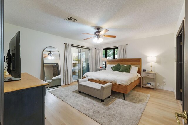 11951 Elbert St, Clermont, FL 34711 - bedroom with light wood-style floors, a textured ceiling, access to outside, and a ceiling fan