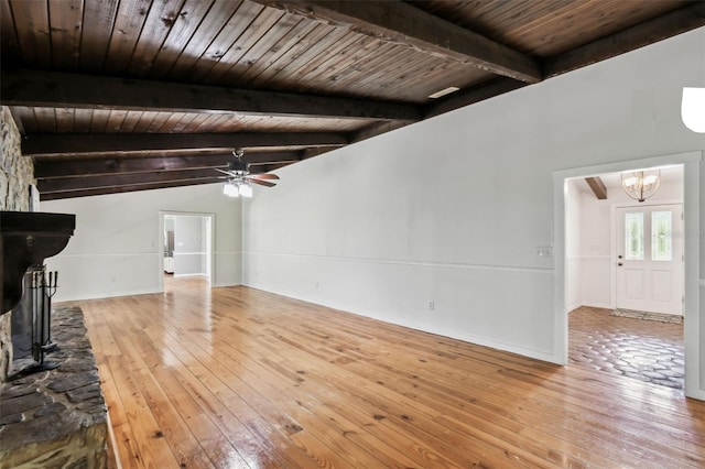 16 Pine Forest Dr, Haines City, FL 33844 - unfurnished living room with a chandelier, hardwood / wood-style flooring, a ceiling fan, and wood ceiling