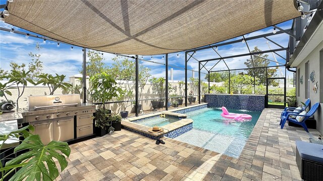 148 Whirlaway Dr, Davenport, FL 33837 - view of pool with a patio, a pool with connected hot tub, glass enclosure, and grilling area