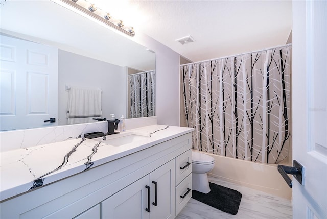 2503 Calla Lily Cv, Kissimmee, FL 34758 - bathroom with vanity, toilet, marble look tiles, and shower / bathtub combination with curtain