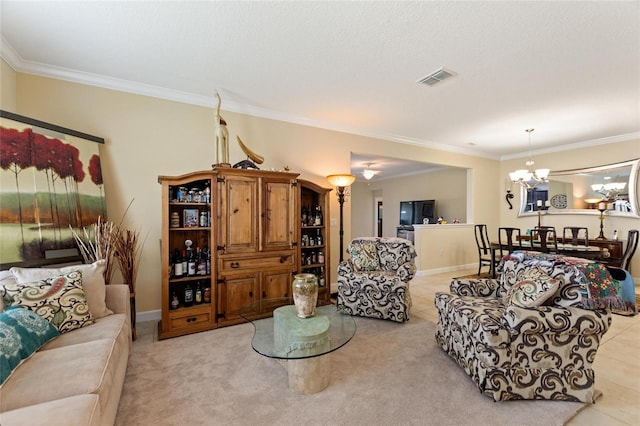 1353 Palmetto Dunes St, Davenport, FL 33836 - living area featuring crown molding, a chandelier, and light colored carpet