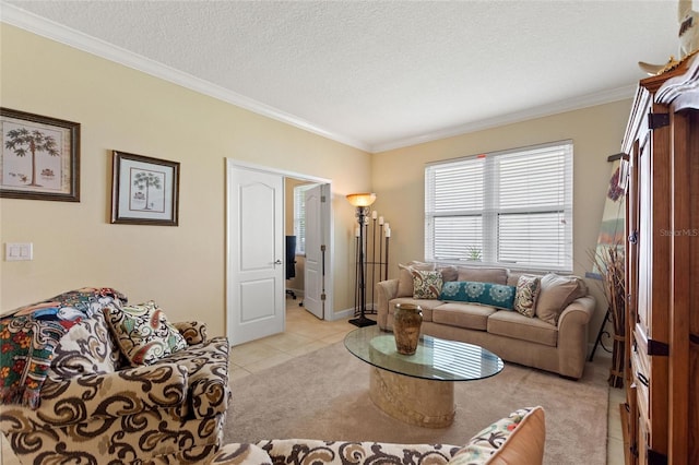 1353 Palmetto Dunes St, Davenport, FL 33836 - living area featuring ornamental molding, a textured ceiling, light tile patterned floors, and light colored carpet