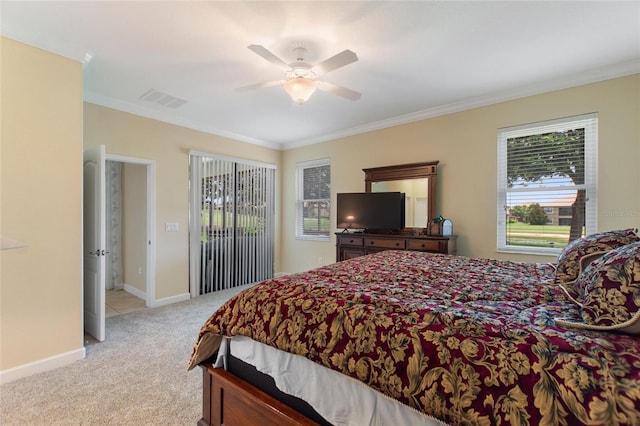 1353 Palmetto Dunes St, Davenport, FL 33836 - bedroom with crown molding, light colored carpet, access to outside, and a ceiling fan