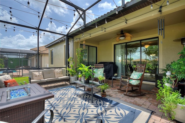 1353 Palmetto Dunes St, Davenport, FL 33836 - view of patio / terrace featuring an outdoor living space with a fire pit, a lanai, area for grilling, and ceiling fan