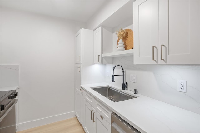 4768 Tangerine Ave Unit 4768, Winter Park, FL 32792 - kitchen with white cabinets, light wood finished floors, stainless steel dishwasher, and decorative backsplash