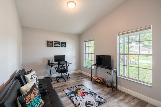 1659 Sage Creek Ct, Orlando, FL 32824 - office with vaulted ceiling, baseboards, and wood finished floors