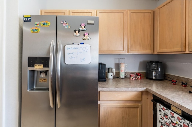1659 Sage Creek Ct, Orlando, FL 32824 - kitchen featuring stainless steel refrigerator with ice dispenser, light brown cabinetry, and beverage cooler