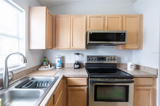 1659 Sage Creek Ct, Orlando, FL 32824 - kitchen with appliances with stainless steel finishes, a sink, light brown cabinetry, plenty of natural light, and vaulted ceiling