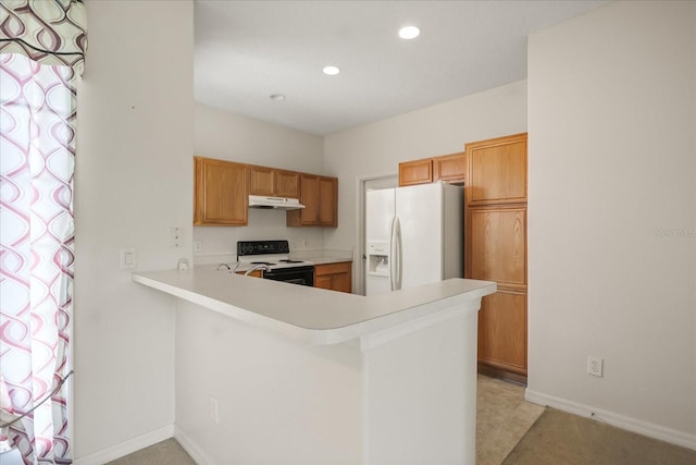 2050 Island Walk Dr, Orlando, FL 32824 - kitchen featuring white fridge with ice dispenser, electric stove, under cabinet range hood, recessed lighting, and light countertops