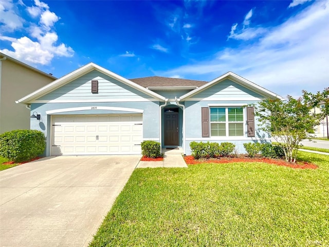 2839 Harmonia Hammock Rd, Harmony, FL 34773 - single story home with a front lawn, driveway, a garage, and stucco siding