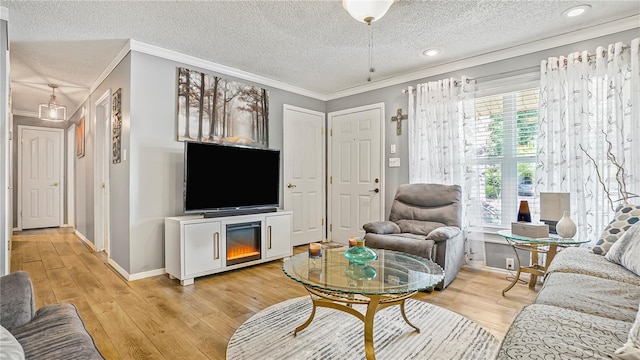 505 Oak Dr, Tavares, FL 32778 - living area with crown molding, a textured ceiling, and light wood-type flooring