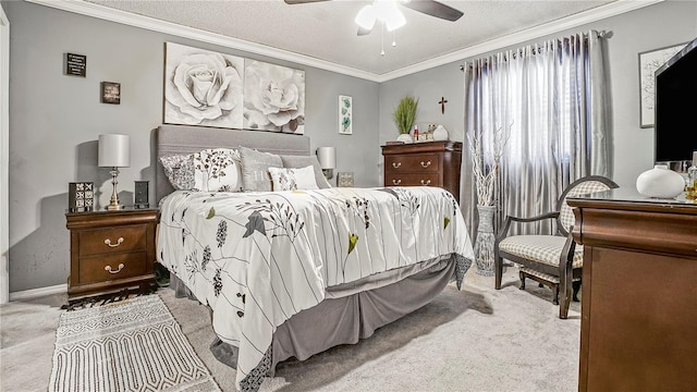 505 Oak Dr, Tavares, FL 32778 - carpeted bedroom with crown molding, a textured ceiling, and ceiling fan