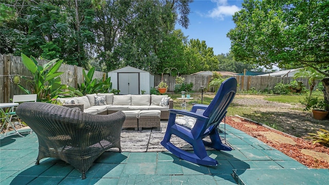 505 Oak Dr, Tavares, FL 32778 - fenced backyard with outdoor lounge area, a shed, and a patio