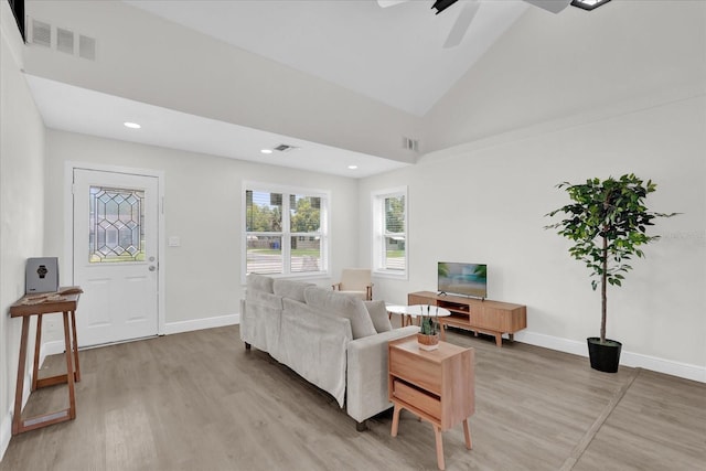 1501 Missouri Ave, Saint Cloud, FL 34769 - living room with light wood-style flooring, recessed lighting, lofted ceiling, and ceiling fan