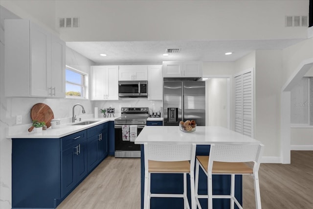 1501 Missouri Ave, Saint Cloud, FL 34769 - kitchen with stainless steel appliances, blue cabinetry, light wood-type flooring, white cabinetry, and a center island