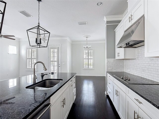 1513 Resolute St, Celebration, FL 34747 - kitchen featuring under cabinet range hood, black electric stovetop, a chandelier, plenty of natural light, and ornamental molding