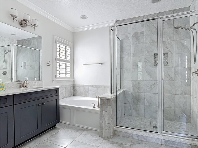 1513 Resolute St, Celebration, FL 34747 - bathroom featuring a garden tub, ornamental molding, a textured ceiling, vanity, and a shower stall