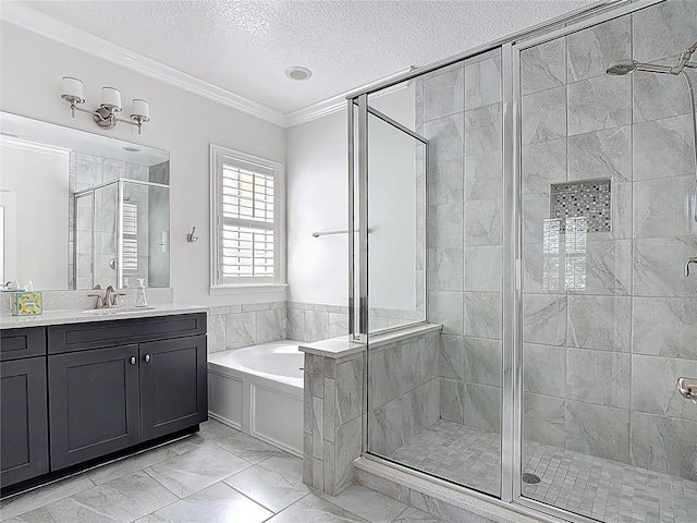 1513 Resolute St, Celebration, FL 34747 - full bath with a garden tub, a shower stall, crown molding, vanity, and marble finish flooring