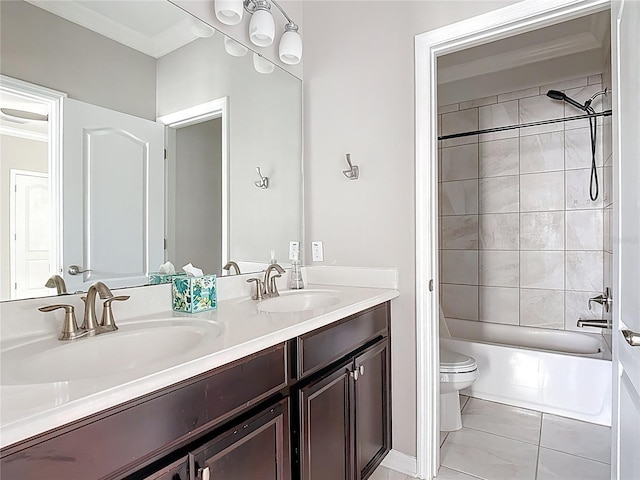 1513 Resolute St, Celebration, FL 34747 - bathroom with double vanity, tub / shower combination, ornamental molding, and marble look tile flooring