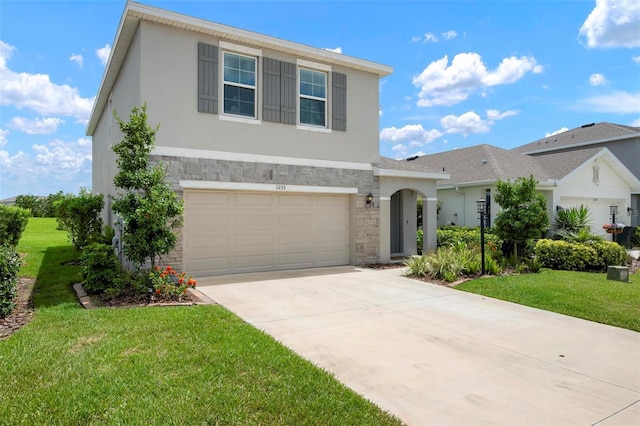 3255 Hilltop Cir, Bradenton, FL 34211 - view of front of home featuring stone siding, stucco siding, driveway, and a front lawn
