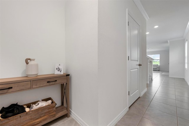 3255 Hilltop Cir, Bradenton, FL 34211 - corridor featuring crown molding, light tile patterned floors, and recessed lighting